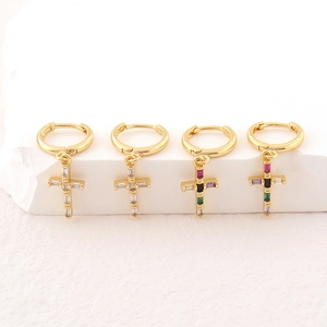 Gold Plated Copper Cross Drop Hoop Earrings With Baguette Rhinestone Vintage Minimalist Christian Jewelry For Women Gift