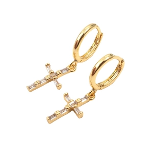 Elegant 18k gold plated cross drop earrings with baguette cut cubic zirconia stones