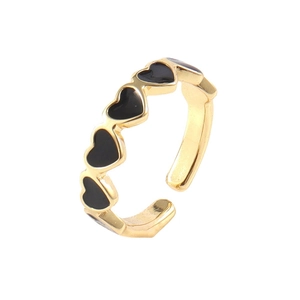 Adjustable gold plated open ring with five continuous black heart oil drip motifs
