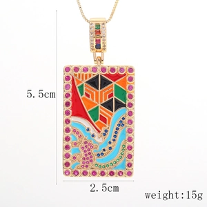 Detail view of colorful tarot pendant with enamel patterns and pink gemstones, 5.5cm height