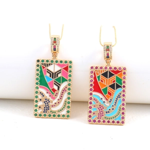 Western Style Gold Plated Copper Tarot Card Pendant Necklace For Women Colorful Enamel Zirconia Inlaid Geometric Jewelry