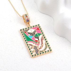 Colorful enamel rectangle tarot pendant necklace with micro-paved green zircons and gold chain
