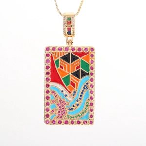 Rectangular gold necklace with colorful enamel tarot pendant and pink cubic zirconia stones