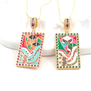 Colorful enamel tarot pendant necklaces with pavé zircon settings on golden chains