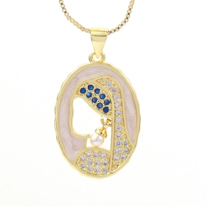 Collar de perlas con colgante de oro de 18k con esmalte azul y silueta de santa