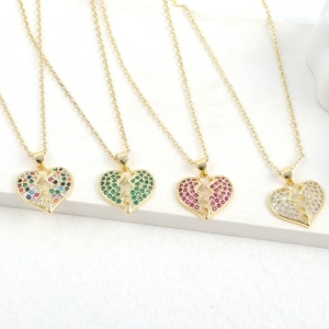 Chic gold-plated broken heart pendant necklaces with vibrant micro-paved cubic zirconia
