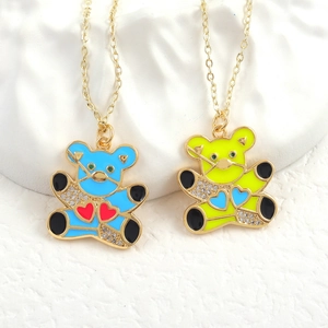 Golden pendant necklaces with micro-paved zircon and colorful enamel cartoon bears