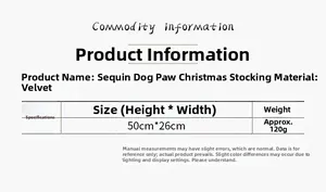 Tableau des tailles indiquant 50x26 cm pour la chaussette de Noël patte de chien