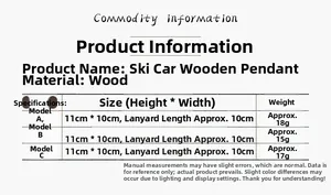 Detailed size chart for wooden ski sled ornaments showing height weight and dimensions