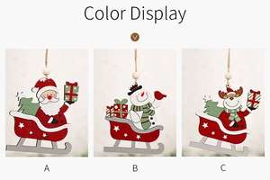Detailed view of colorful wooden Christmas pendants featuring Santa, Snowman and Reindeer