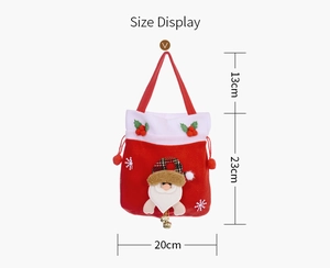 Detailed size chart showing dimensions for a festive red Christmas plush gift bag