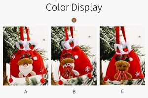 Three Christmas velvet drawstring bags featuring Santa, snowman, and reindeer doll motifs