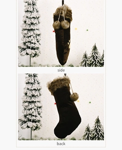 Vues de côté et de dos d'une chaussette de Noël en peluche marron avec motif de patte