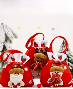 Three velvet Christmas gift bags with 3D Santa, reindeer, and snowman designs with bells
