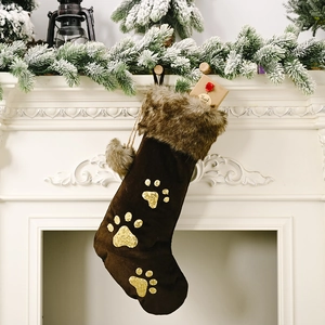 Chaussette de Noël Empreinte de Patte de Chien à Paillettes Avec Bordure en Fausse Fourrure Sac Cadeau Pour Amoureux d'Animaux
