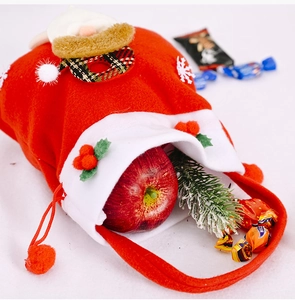 Close-up of red velvet Christmas gift bag with Santa Claus applique and a fresh apple