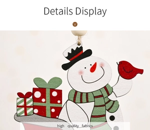 Detail of Christmas wooden ornament featuring a painted snowman and festive gift boxes