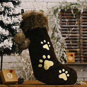Chaussette de Noël en velours marron avec empreintes de pattes à paillettes dorées pour animaux