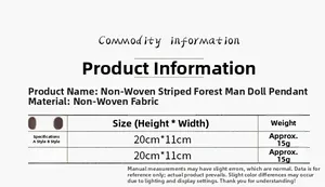 Detailed size chart for striped forest gnome ornaments with 20x11cm dimensions