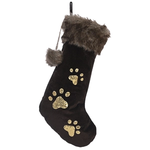 Chaussette de Noël en velours marron avec pattes en paillettes dorées et bordure poilue