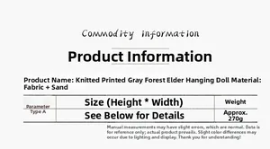 Detail specifications of knitted grey forest gnome figurine with weighted sand base