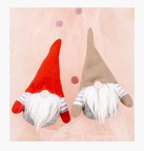 Detail of red and khaki Christmas Gnomes with striped arms and long white plush beards