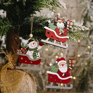 Christmas Wooden Sleigh Ornament Santa Claus Snowman Reindeer Cartoon Painted Wood Hanging Decor For Xmas Tree Home Party