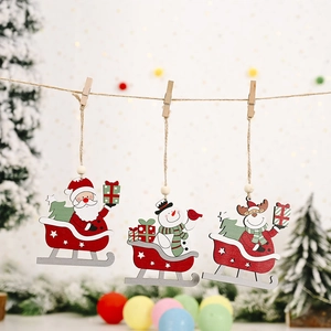 Three-piece set of wooden Christmas sleigh ornaments featuring Santa, snowman, and reindeer