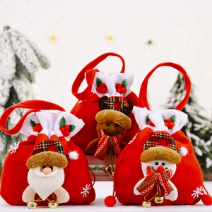 Christmas velvet drawstring gift bags with Santa, Reindeer and Snowman plush designs