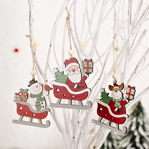 Wooden Christmas ski pendants featuring Santa, snowman and reindeer on white branches
