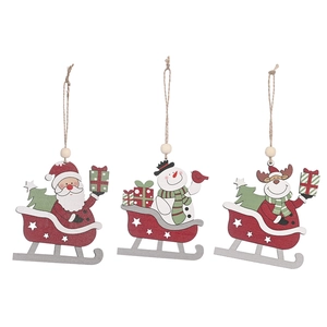 Three wooden Christmas sleigh ornaments with Santa, snowman and reindeer on white background