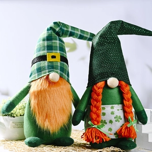 Close-up of Saint Patrick's Day gnomes featuring green hats and clover aprons