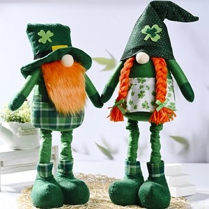 Detail of St. Patrick's Day gnomes with clover hats and orange beards for holiday decor
