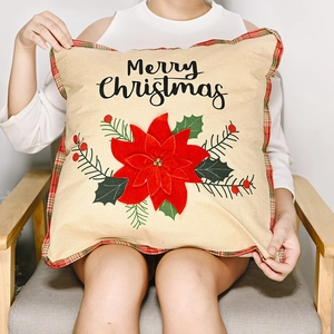 Linen Christmas pillow case with red poinsettia and Merry Christmas text decor