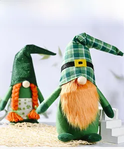 Close-up of Saint Patrick's Day gnomes featuring green sequin hats and clover patterns