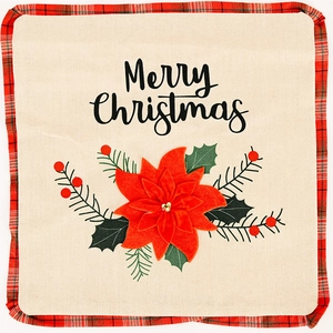 Beige Christmas pillow cover with red poinsettia floral print and plaid border