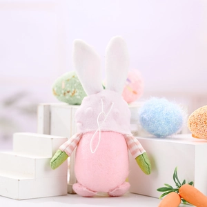 Pink Easter gnome plush bunny with hanging rope and colorful decorative eggs