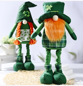 Detailed pair of St. Patrick's Day gnomes with telescopic legs and green clover hats