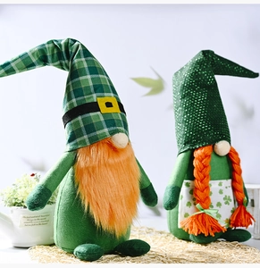 Detail of St. Patrick's Day gnomes with green clover patterns and orange beards