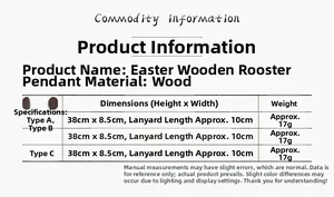 Size chart showing Easter wooden rooster pendant measurements and weight details