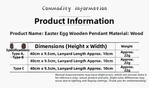Size chart showing Easter wooden egg and rooster hanging ornaments 40cm x 9.5cm
