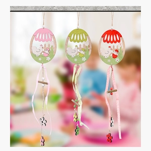 Three Easter wooden egg ornaments with hen and chick designs featuring plaid ribbons