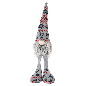 Grey Christmas gnome plush with long legs and Nordic knitted pattern snowflake design