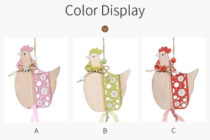 Three colorful laser-cut wooden Easter rooster ornaments with rustic ribbons and beads