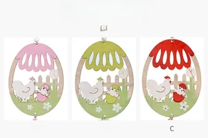Three hollow wooden Easter egg pendants featuring rooster designs in pink, green, and red