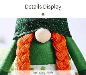 Detail display of St. Patrick's Day gnome with green sequin hat and orange yarn braids