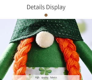 Detail of St. Patrick's Day gnome featuring a green sequin hat and orange braids