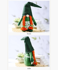 Front and side views of a St. Patrick's Day gnome with green sequins and clover apron