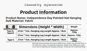 Tableau des tailles pour gnomes du Jour de l'Indépendance de 27 cm avec mesures