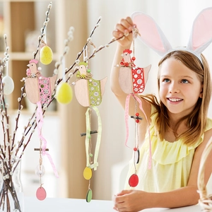 Three-piece set of wooden Easter rooster pendants with ribbons and beads decoration